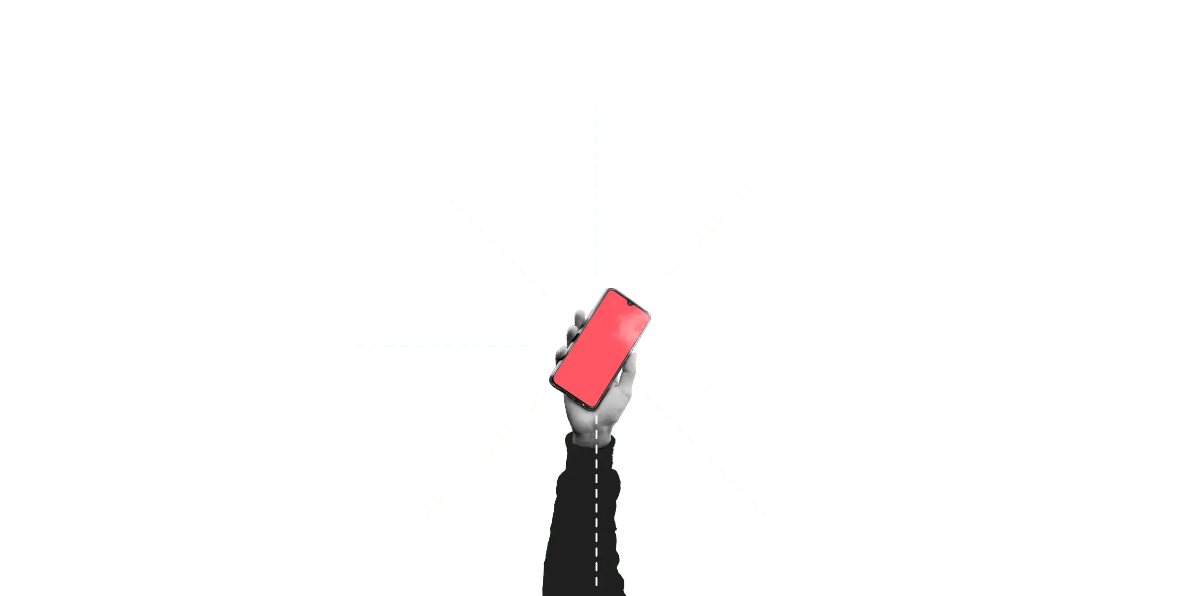 Mão segurando celular para o alto com nuvens ao fundo