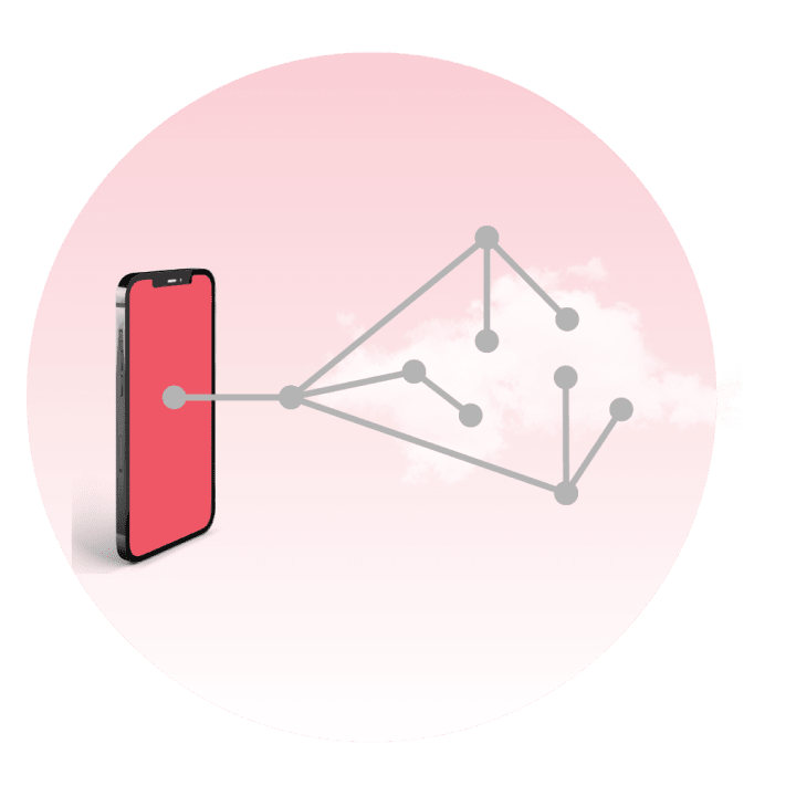 Celular ligado a nuvem com fundo em círculo rosa claro